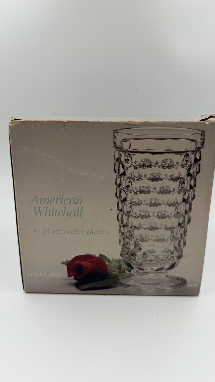 Vintage American Whitehall 14 oz Cooler Glasses Set 4 Clear Cubist Box 4459